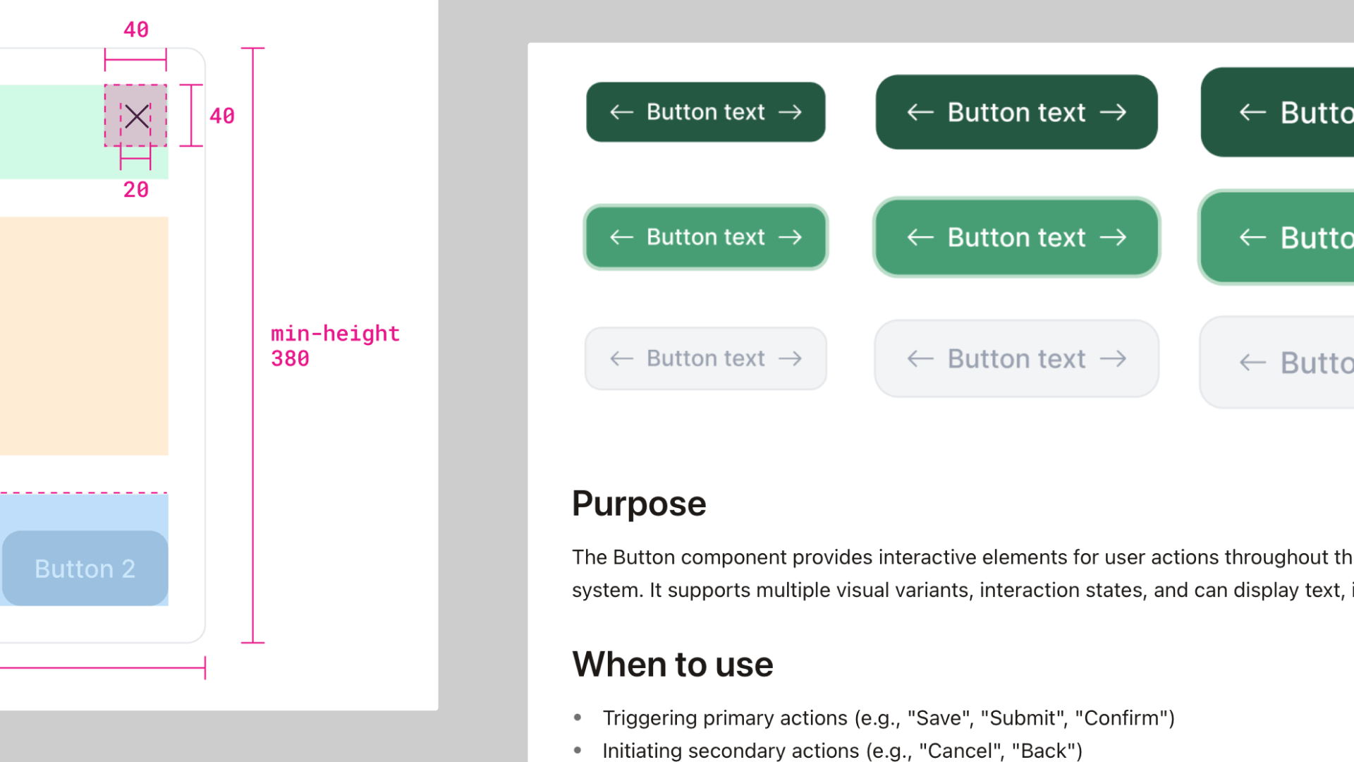 Design-system component specification with anatomy, variants, states, and implementation notes