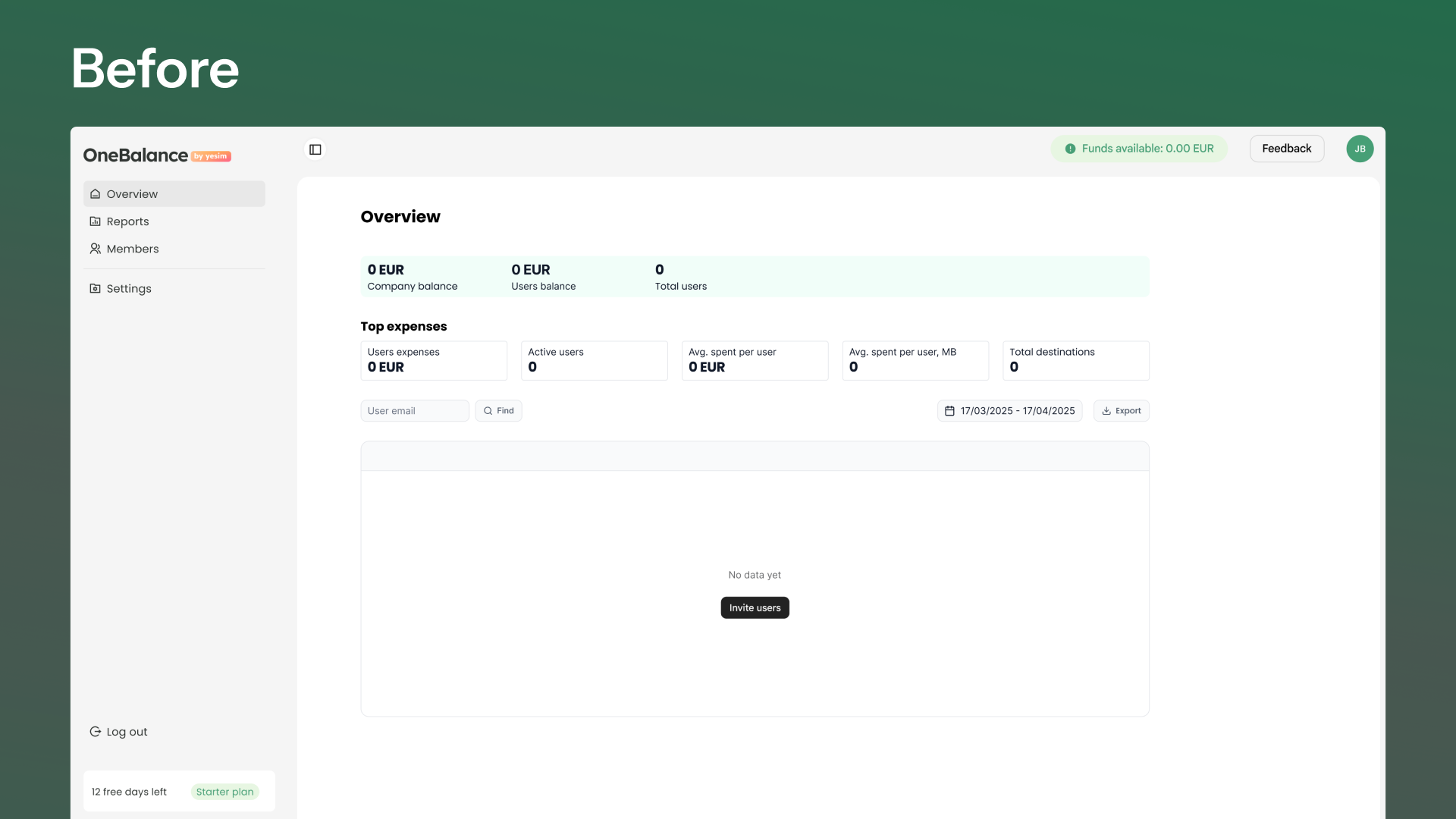 The previous Yesim business dashboard with no employees, plans, or guided next action