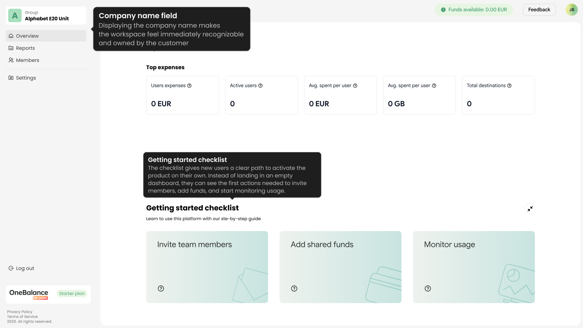 Shipped business dashboard with account identity and an onboarding checklist
