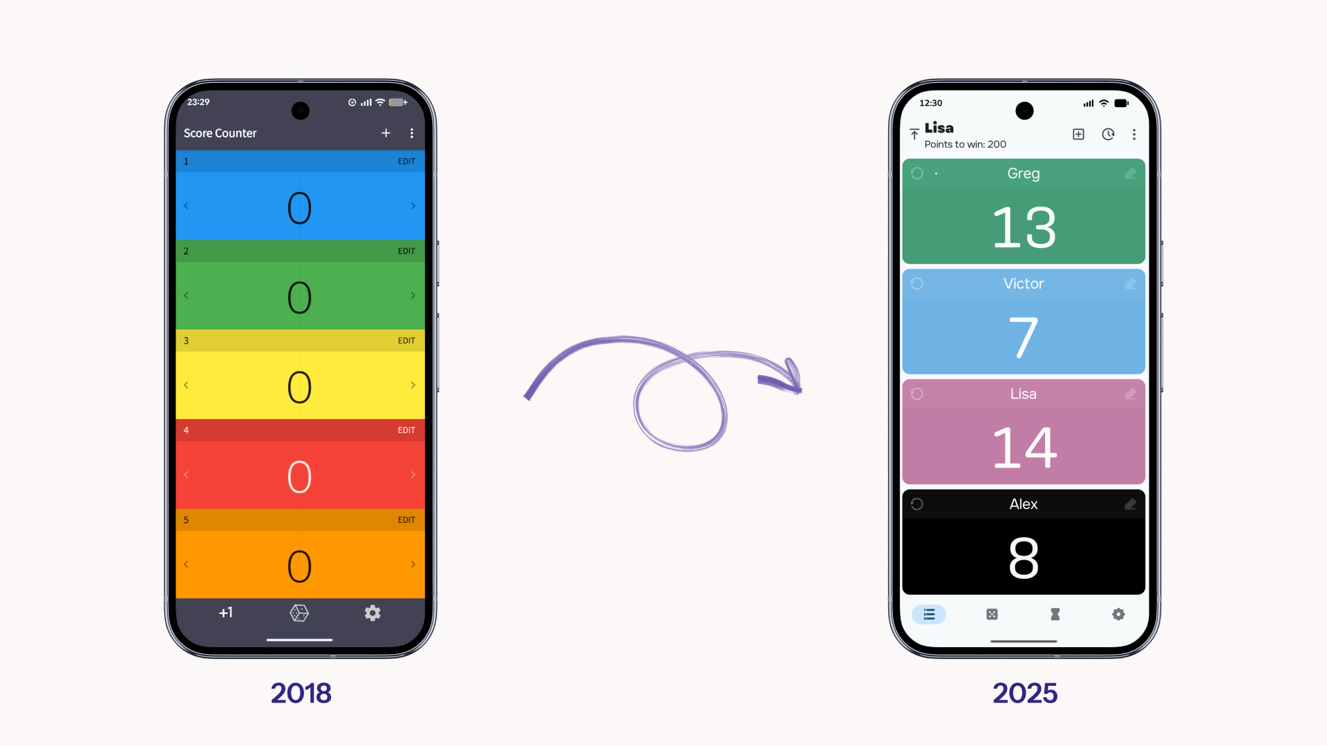 Score Counter interface in 2018 and 2025, showing the change from small score rows to large named counter cards