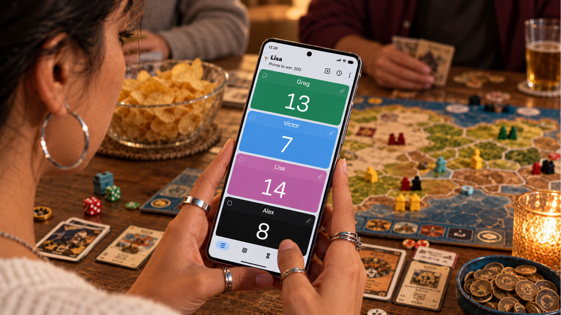 People using Score Counter on a phone during a tabletop game