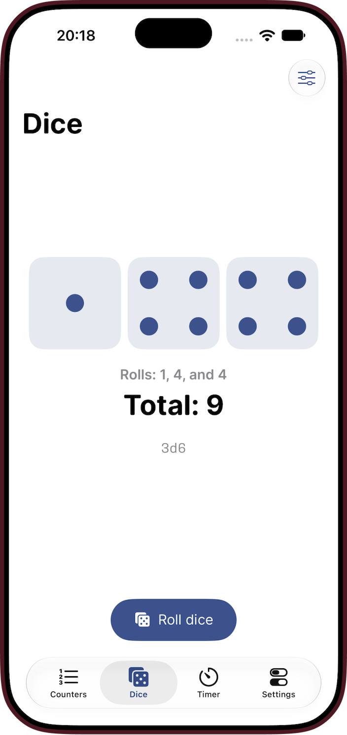 Built-in dice roller showing a roll of twenty.