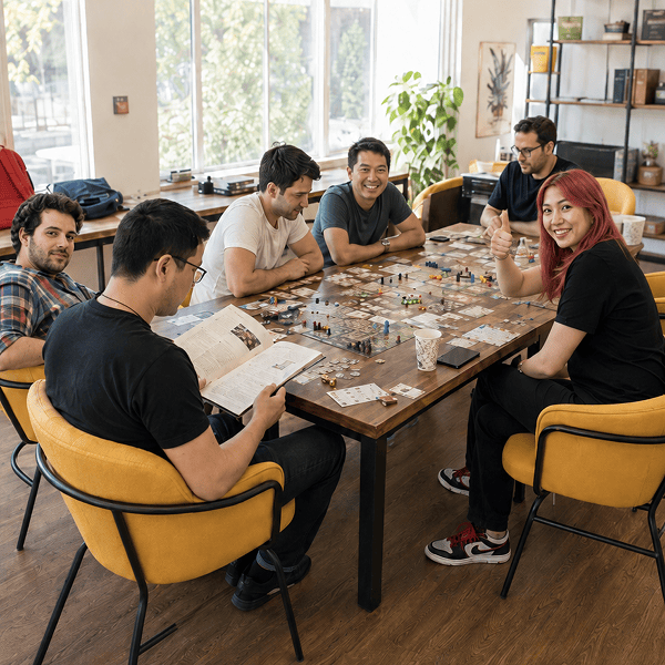 Friends gathered around a table for game night