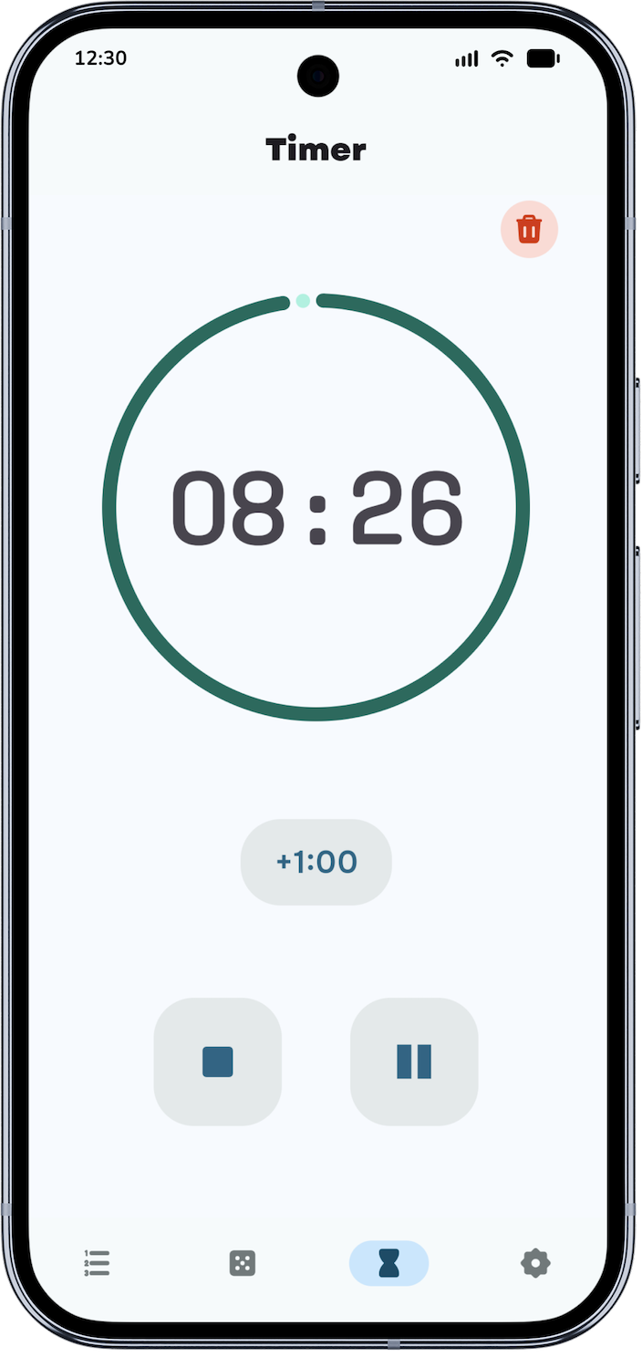 Game timer with a circular countdown and pause control.