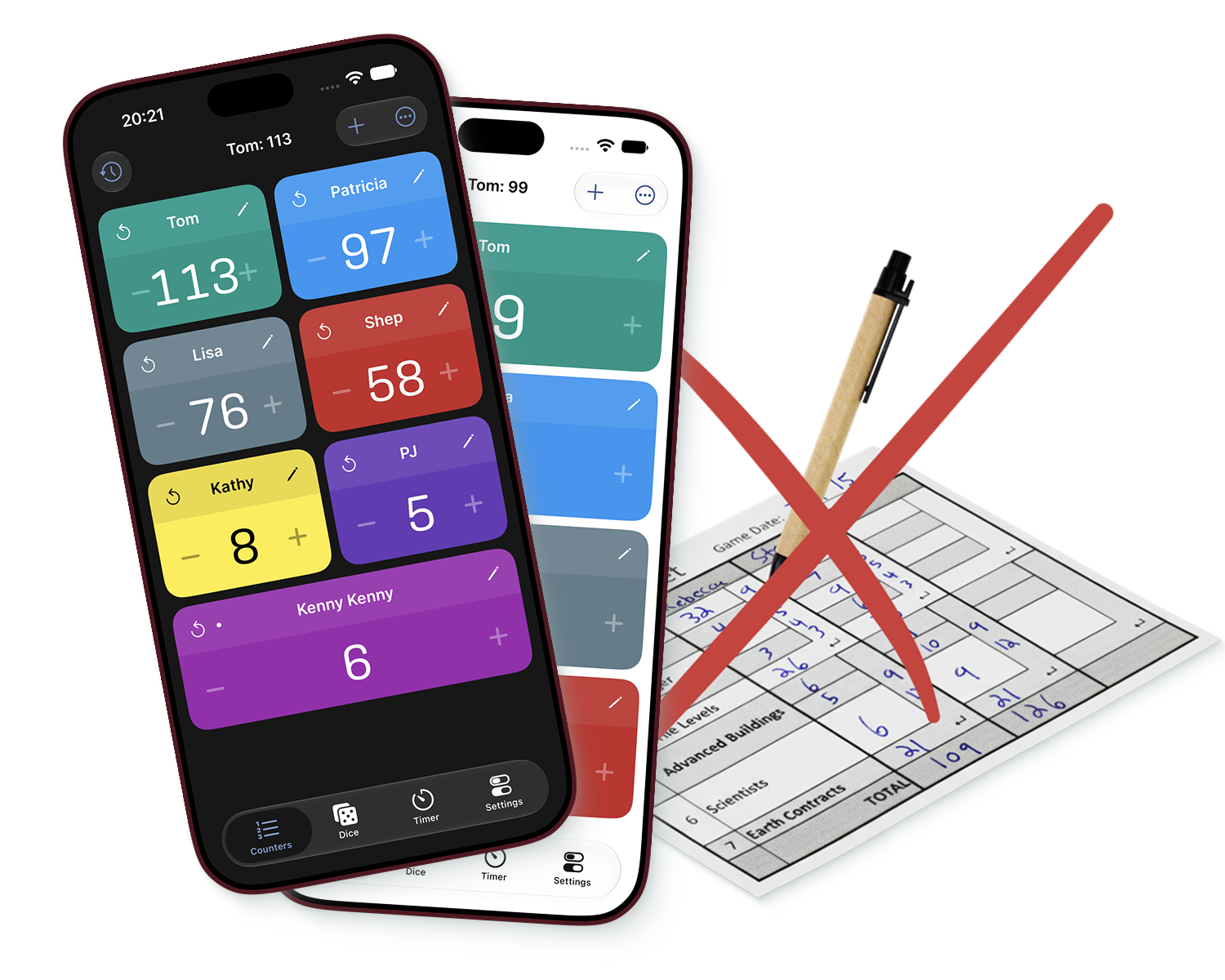 Score Counter in light and dark themes beside a crossed-out paper score sheet.